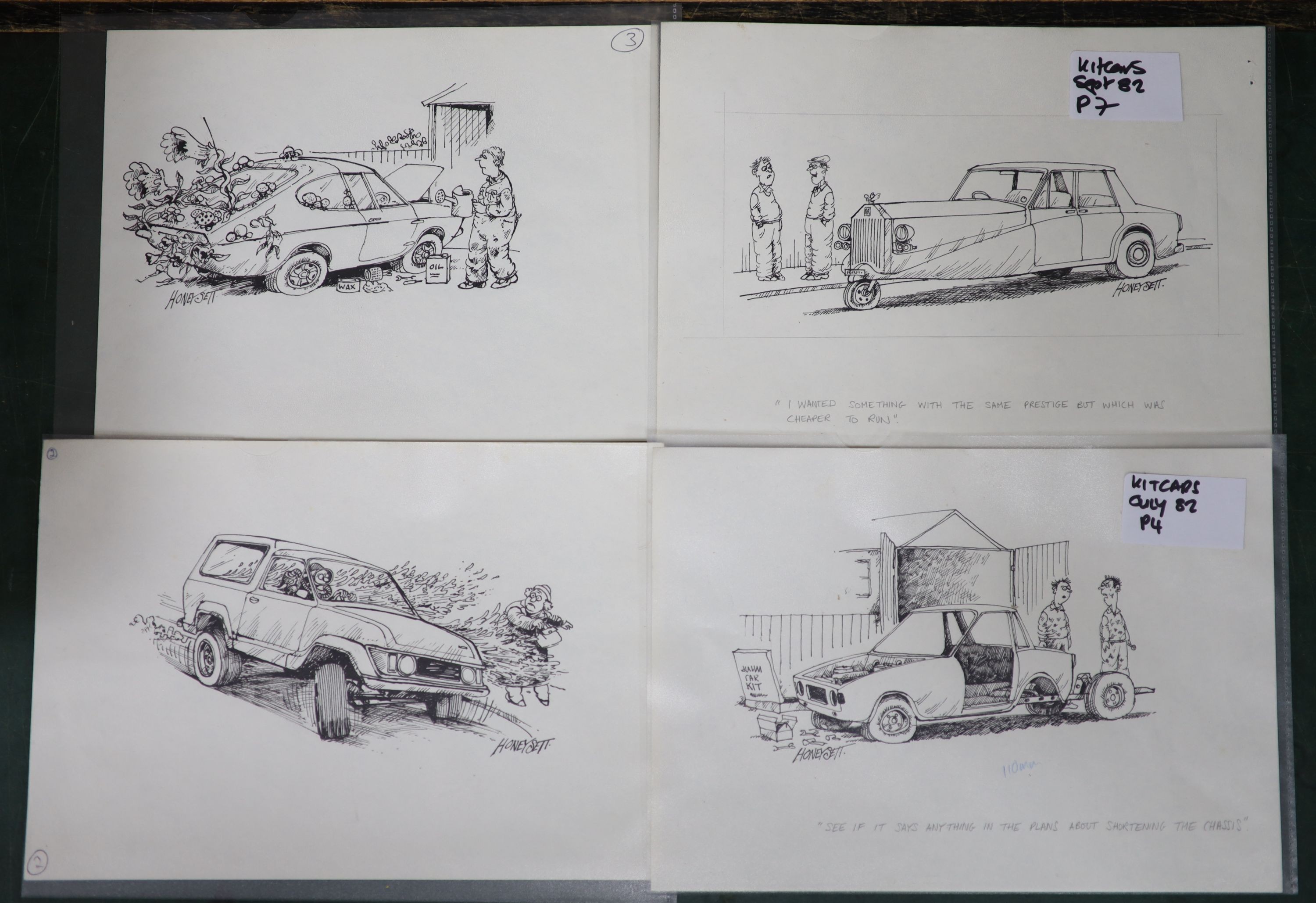 Martin Honeysett (b.1943-), four original cartoons, three wheeler Rolls Royce (Kitcars, Sept 1982), car cleaning, shortening the chassis...(Kitcars July 1982) and water-logged, signed, 20.5 x 30cm. unframed.